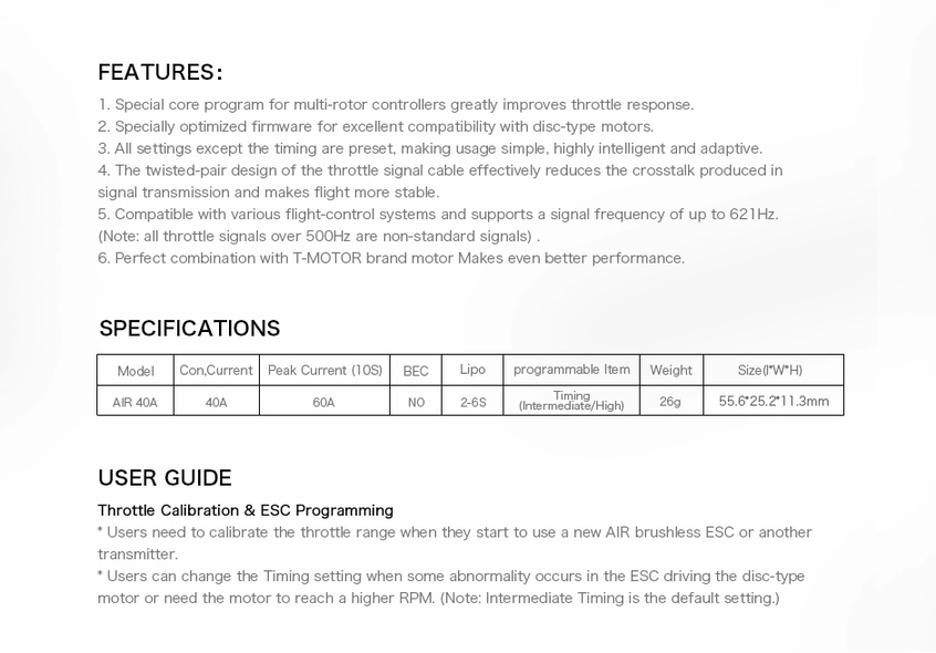 T-Motor AIR 40A 2-6S Multi-Rotor UAV Drone ESC (10)